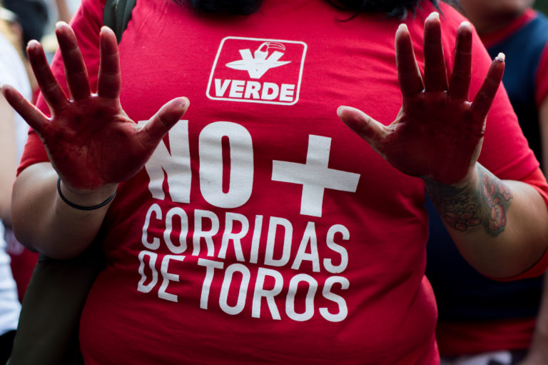 Denominados antitaurinos e integrantes Partido Verde Ecologista de México (PVEM),  se manifestaron en las inmediaciones de la Plaza de Toros México para exigir el cese a dicha práctica. FOTO: GALO CAÑAS /CUARTOSCURO.COM,i