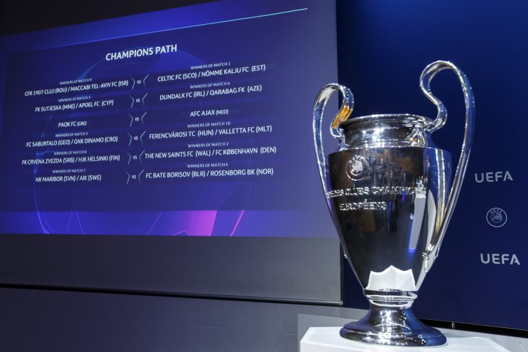 AP Photo,Esta fotografía muestra el sorteo de la tercera ronda de eliminatorias de la Liga de Campeones, en Nyon, Suiza, el lunes 22 de julio de 2019. (Salvatore Di Nolfi/Keystone via AP)