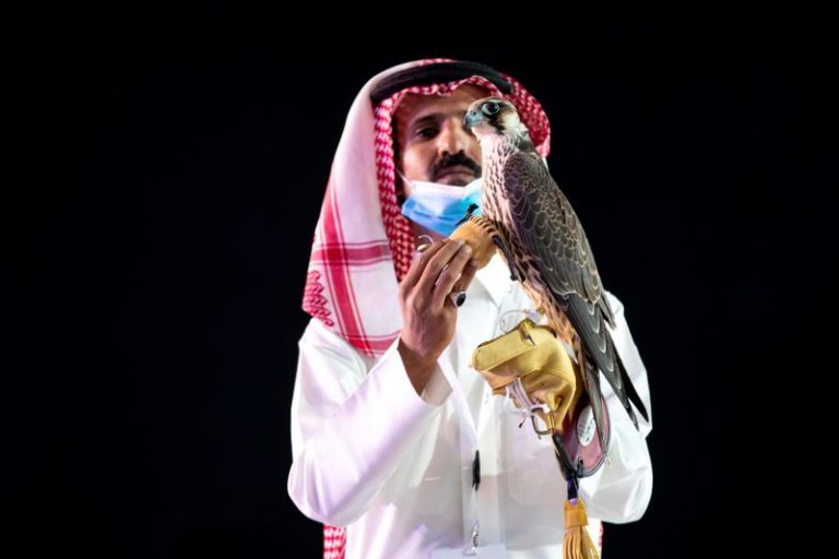 LYNXMPEG9D1BW.jpg,Un hombre saudí exhibe a un halcón que fue vendido por 650.000 riales (173.284 dólares) durante una subasta del Saudi Falcons Club en el Festival Rey Abdulaziz en Mulham, al norte de Riad, Arabia Saudita. 13 de octubre, 2020. Media Center Saudi Falcons Club Auction via REUTERS; Crédito: MEDIA CENTER SAUDI FALCONS CLUB, Reuters